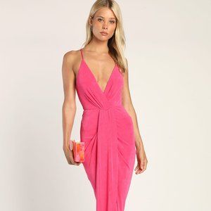 Lulu's - Dreamy Date Hot Pink Surplice Midi Dress